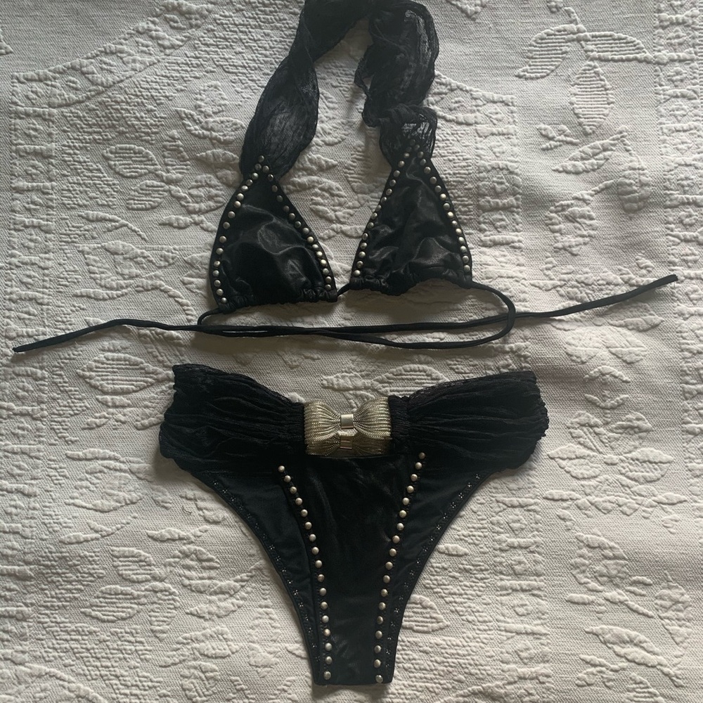 Beach Bunny Bikini. Black leather look studs/metal